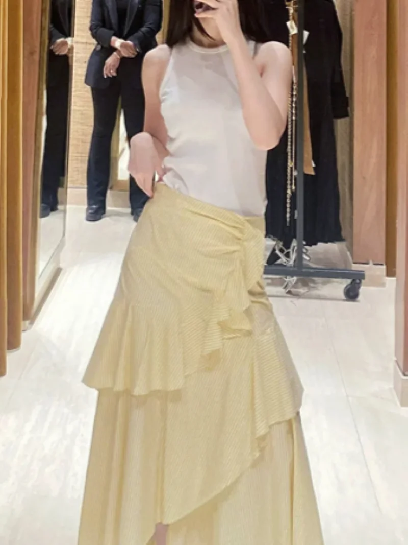 

Женская юбка с оборками и завышенной талией, желтая Милая летняя Юбка-миди в полоску, 2024