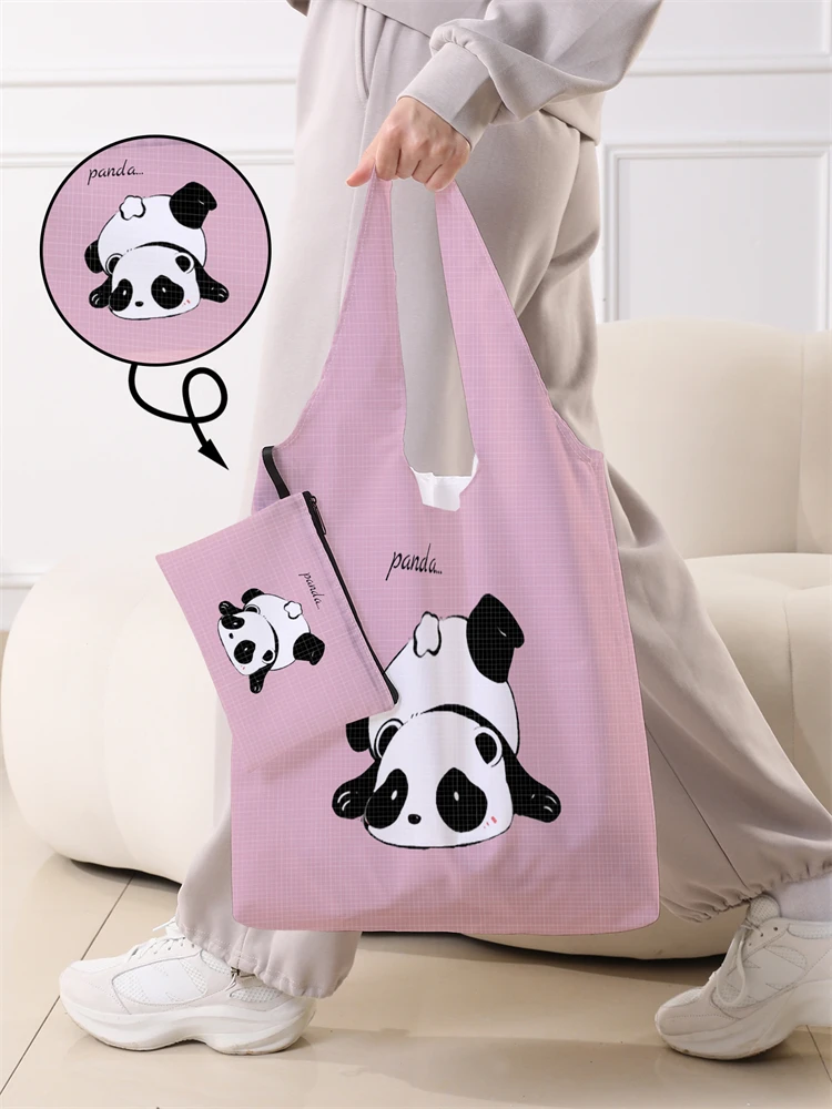 Ladies' Foldable Cartoon Panda Pattern Large Shopping Bag Foldable Storage Reusable Easy to Carry Capacity Handbag