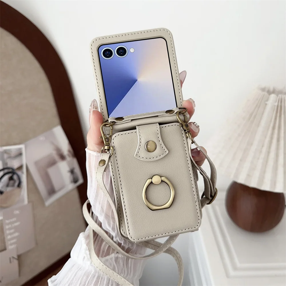 Leather Wallet Phone Case with Ring Card Holder and Crossbody Strap - Premium Protective Cover