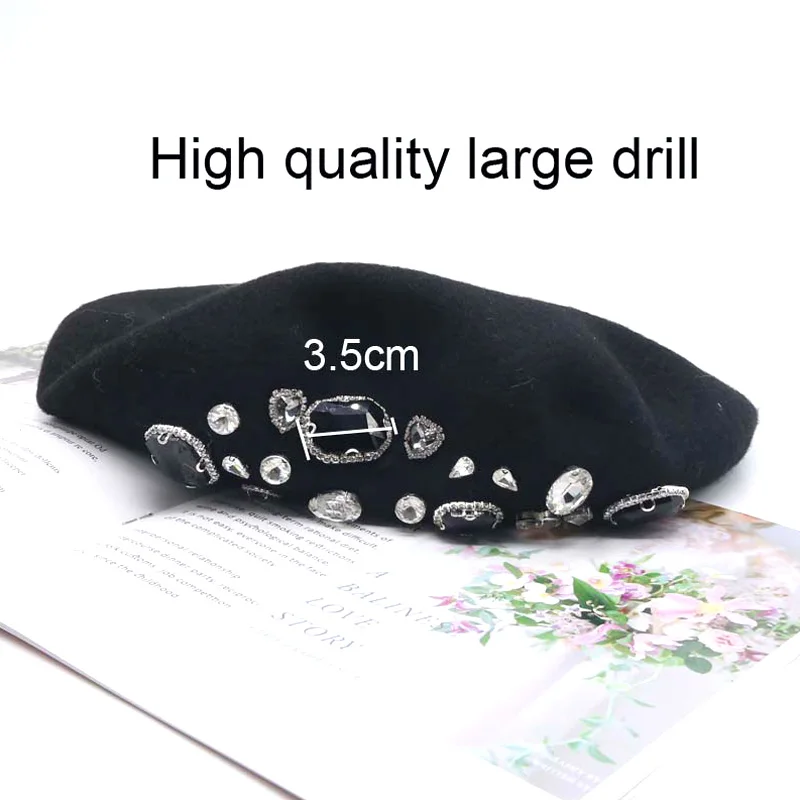 Hot Sale Beret Lady Thick Rhinestone Brimless Thermal Decor Wool Artist French Style Painter Hat Women Headwear_vogarts.com