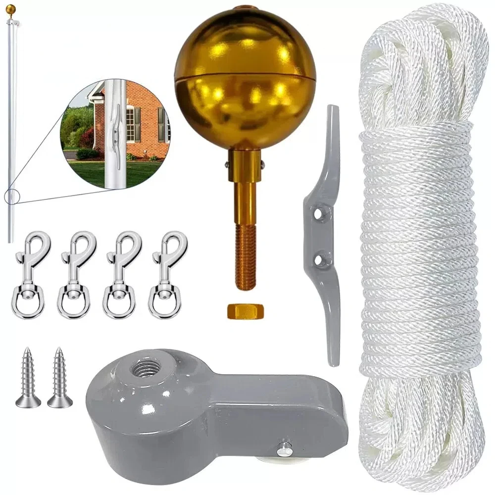 Aluminum Alloy Flag Pole Tool Set Nylon Braided Rope Upgrade Hardware Repair Kit Cleat Hook 3 Inch Golden Ball