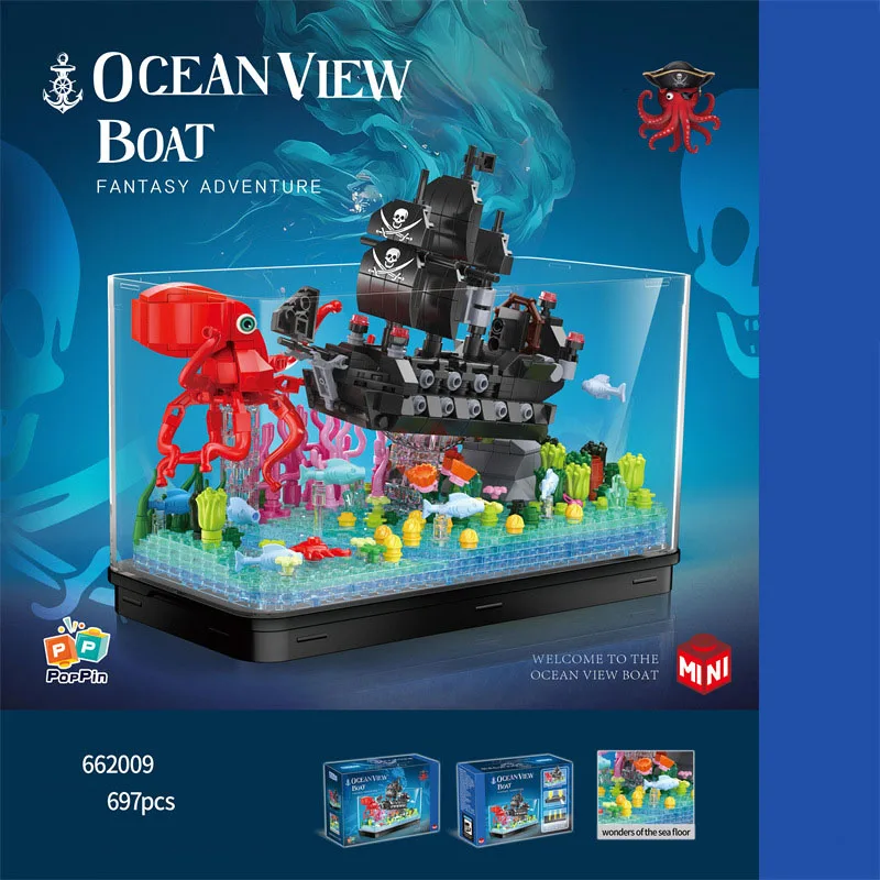 

Loz Fishbowl Mini Diamond BuildI Block Creative Octopus Caribbean Black Pearl Pirate Ship Fish Tank Model Brick Toy With Light