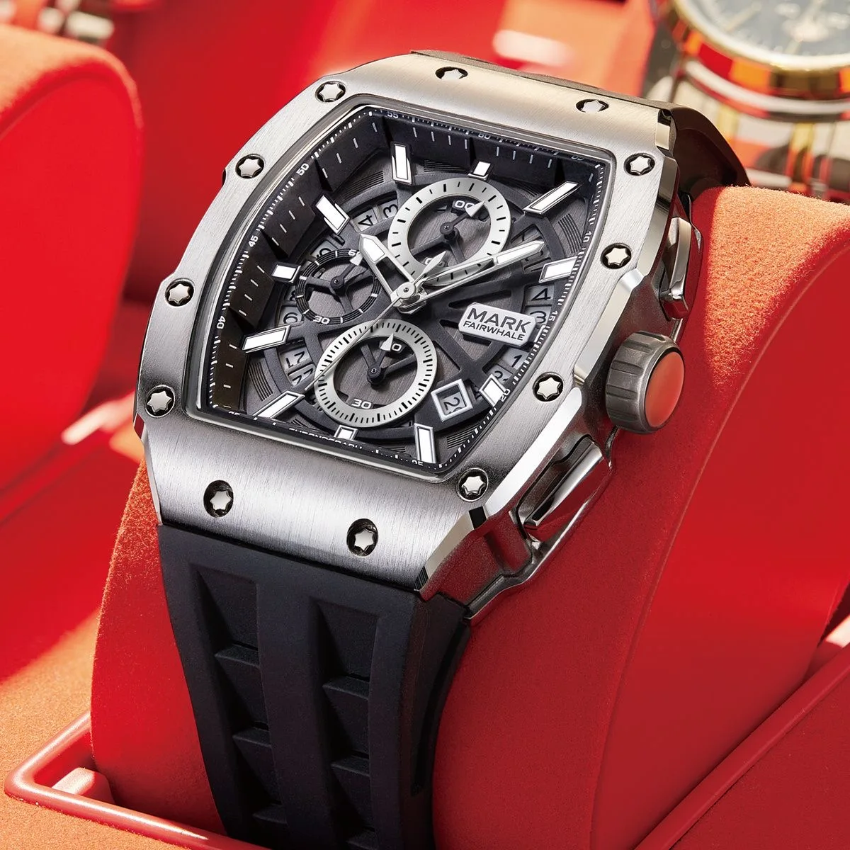

New Mark Fairwhale Watch for Men Luxury Tonneau Steel Chronograph Quartz Wristwatch Fashion Silicone Strap Sport Mille Watches