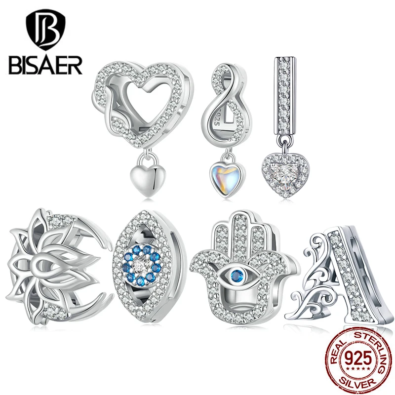 

BISAER 925 Sterling Silver Hand of Fatima Clip Beads Devil's Eye Eternal Heart Openable Pendant For Women DIY Wide Bracelets