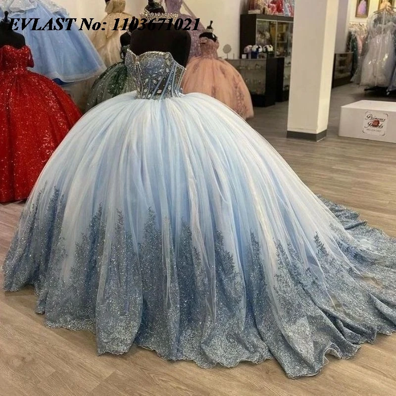 

EVLAST Mexican Blue Quinceanera Dress Ball Gown Bling Lace Applique Beading Diamonds Corset Sweet 16 Vestidos De XV 15 Anos SQ51