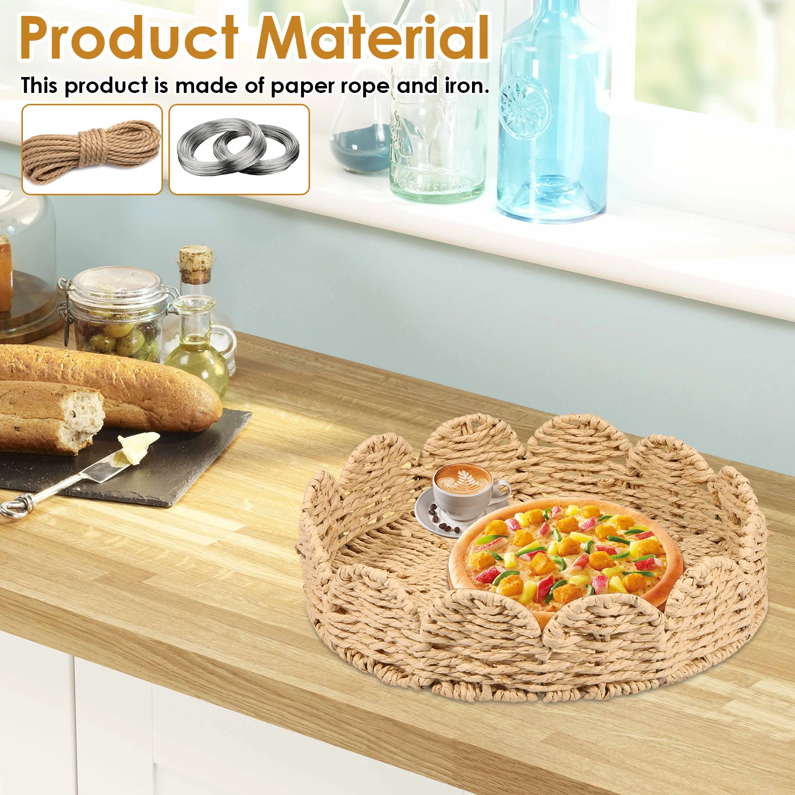 2 Pcs Storage Basket Hand Woven Organizer Baskets Multi-purpose Fruit Basket Braided Serving Tray for Home and Kitchen Organizer