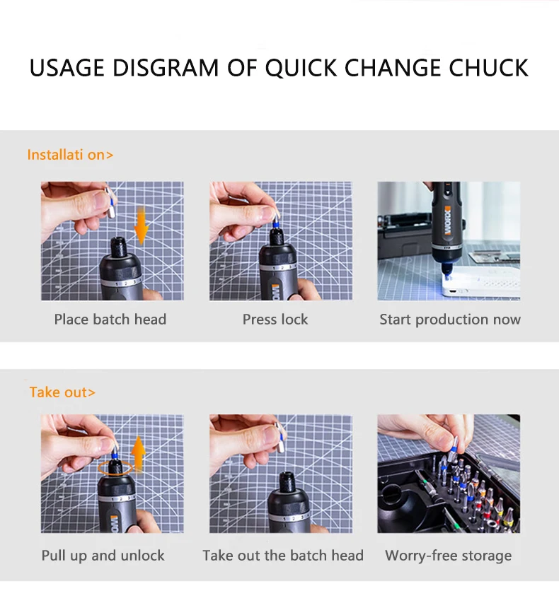 Worx 4V Mini Electrical Screwdriver Set WX240 WX242 Smart Cordless Electric Screw Driver USB Rechargeable Handle 24 / 30 Bit Set 6