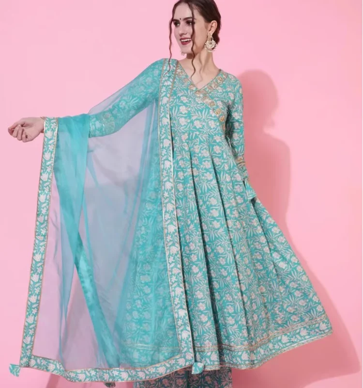 India Women's Clothing 3-piece Set Pure Cotton Printed Dresses
