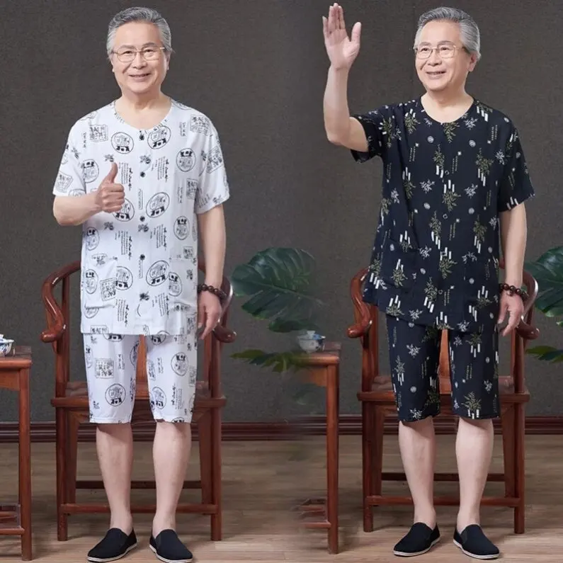 남성 여름 반팔 오픈 가디건 세트 캐주얼 홈웨어 잠옷 루즈핏 실크 혼방 투피스 수트 중년 및 노년층용