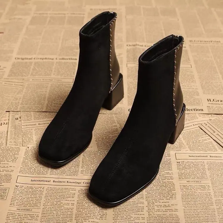 

Med Heel Boots Rivets Women's Rubber Shoes Rain Flock Fabric PU Basic Square heel Shoes Med Heel Boots Rivets Rubber Fabric Squa