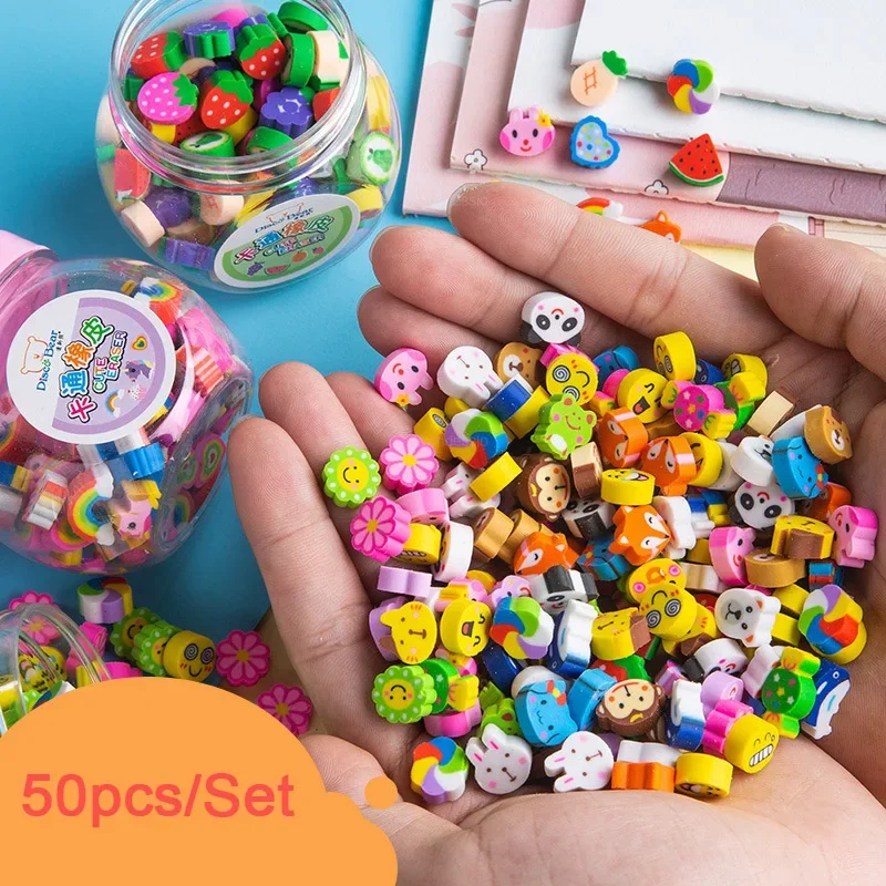 Pencil Eraser 50pcs/set Cute Rubber Eraser Creative Animal Fruit Pencil Erasers Mini Kawaii Stationery Kids Student Office Supplies