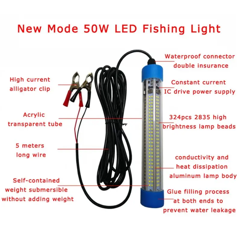 【고객 선호】낚시등 50W 5000Lm LED 수중 12V 24V 방수 수중 야간등 보트 부두 얼음낚시용