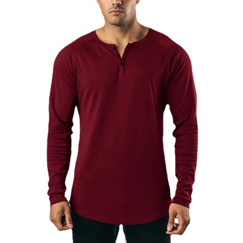 Plain Mens Casual Hip Hop Tops Slim Fit Long Sleeve V-neck T-Shirt Gym Bodybuilding Sport Cotton Shirts Fitness Muscle Clothing 6