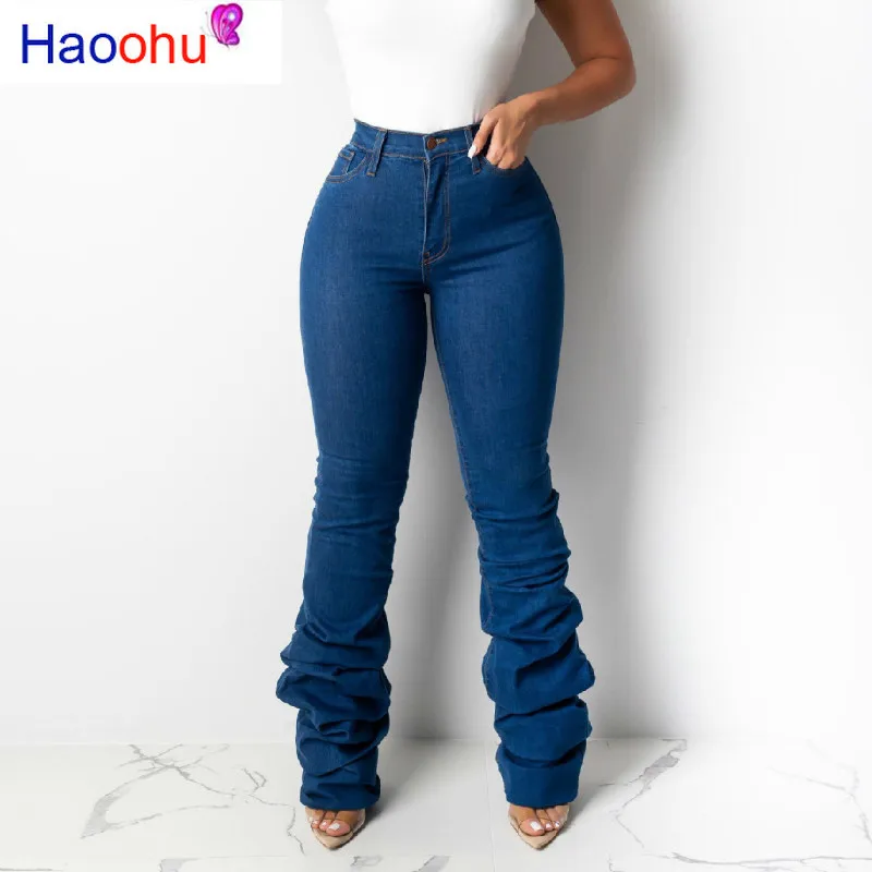 

HAOOHU Winter Draped Hem High Waisted Denim Pants Women Fall Retro Flare Jeans Straight Trousers Casual Bell-Bottoms Pants hot