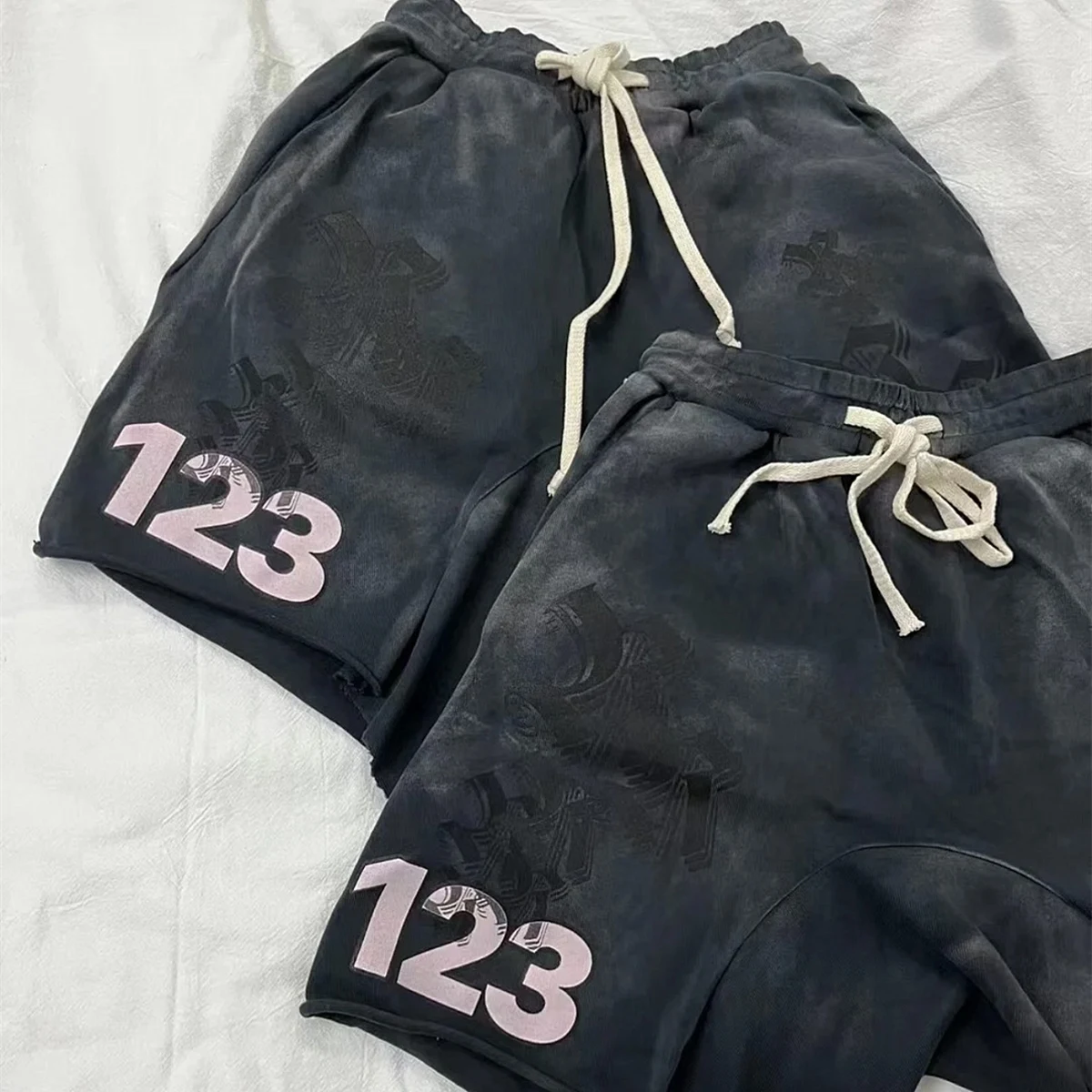 

Cooocoll Fashion RRR123 Streetwear Heavy Cotton Vintage Washed Old Sanskrit Print Pants Summer Niche Casual Sport Shorts For Men