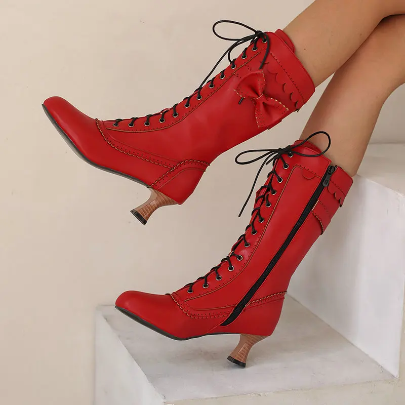 Almond Toe Side Zip Boots Women's Vintage Victorian Ankle Boots - 70s Style Lace Up Booties With Cone Heel & Side Zip Wedge Shoes