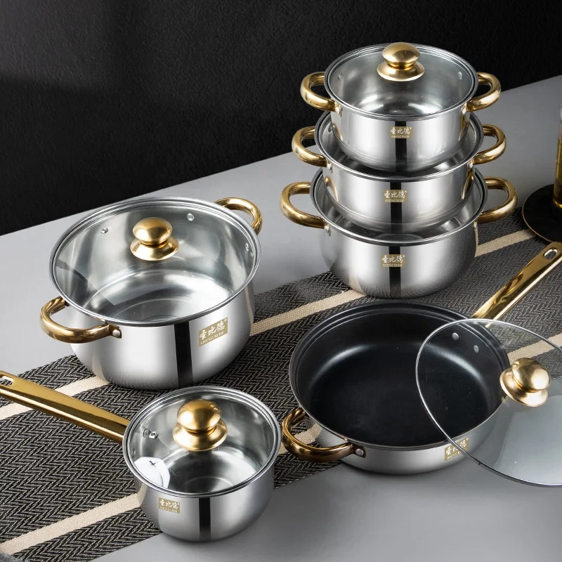 Stainless Steel Pot Set 12-piece Set Gold Handle Set Non-Stick Frying Pan