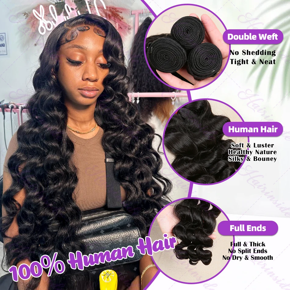 Human Hair Extensions Loose Wave 30 32 Inch Indian Raw Virgin Human Hair Bundles Deep Wave 3/4 Bundles Weft Tissage Curly