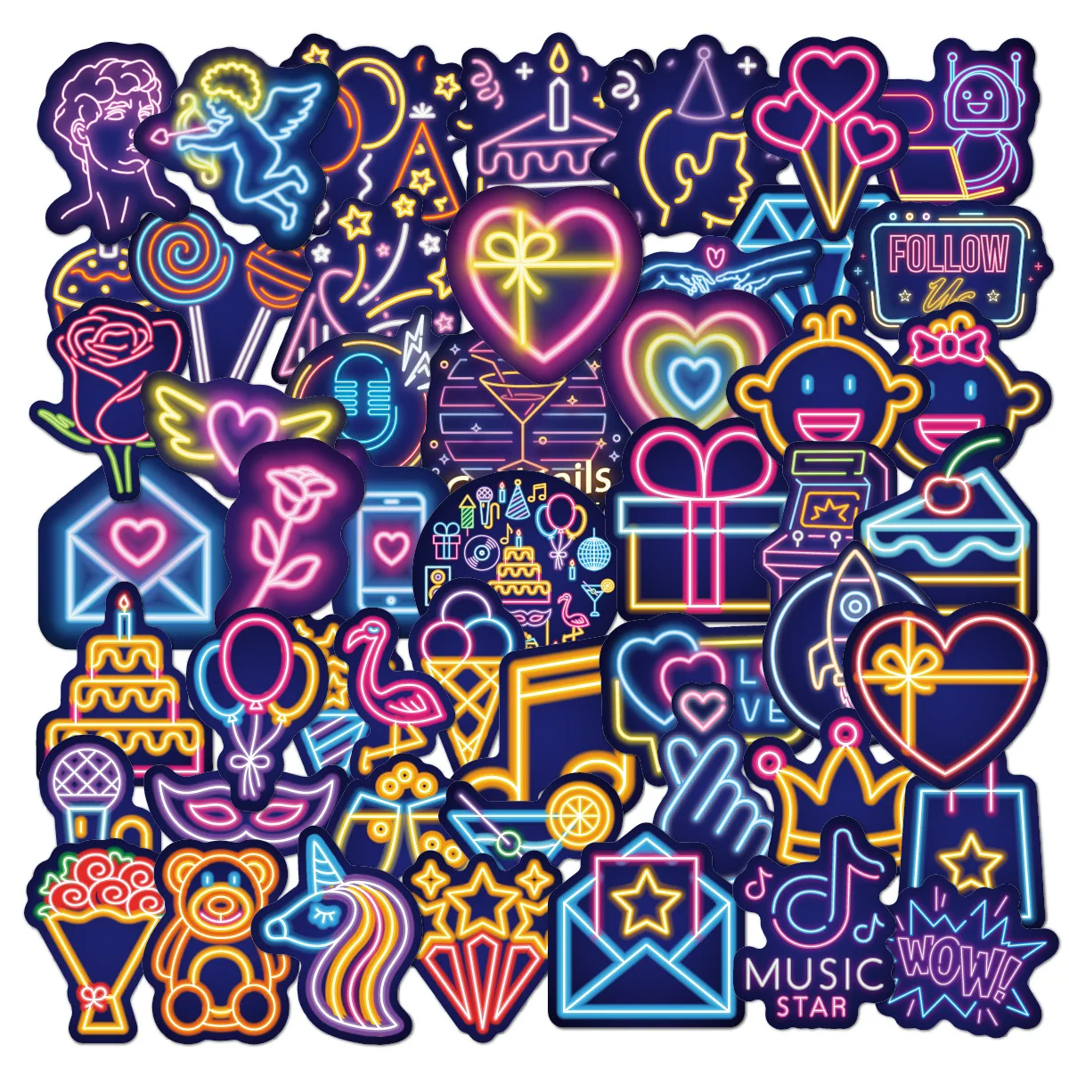 50pcs Cute Cartoon Neon Light Graffiti Stickers Inspirational Decals DIY Laptop Motorcycle Skateboard Cool Waterproof Sticker 10 30 50pc highland cow cute cartoon stickers skateboard fridge guitar laptop motorcycle travel cool graffiti decal sticker