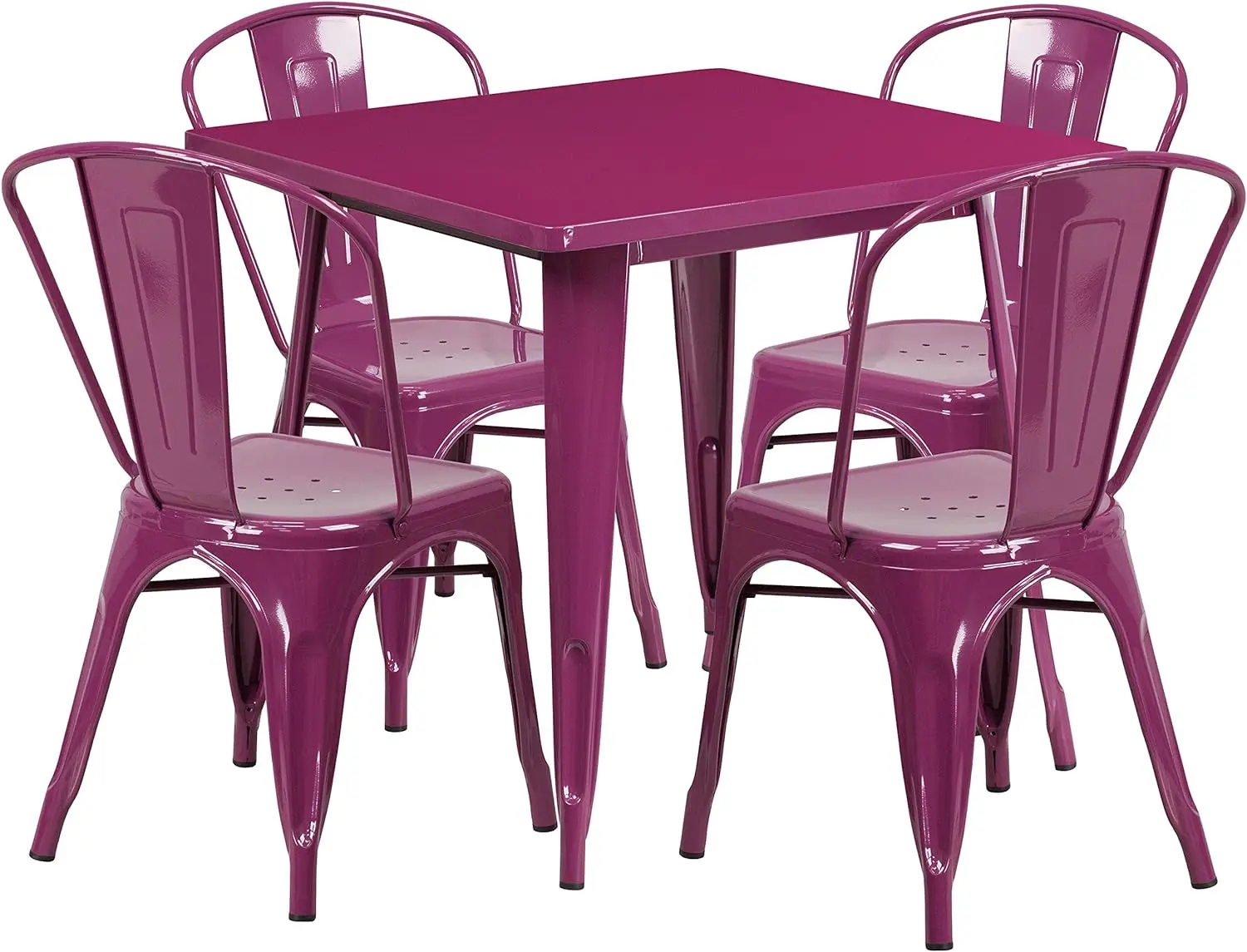 

2024 Purple Color Commercial 31.5" Square Black Metal Indoor-Outdoor Table Set-4 Stack Chairs