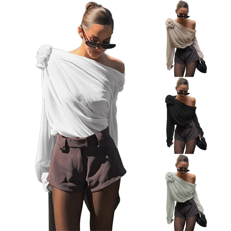 

Women Elegant 3D Floral Stitched Shirts Sexy Off Shoulder Long Sleeve Sheer Asymmetrical Blouse Gauze Top Dropship