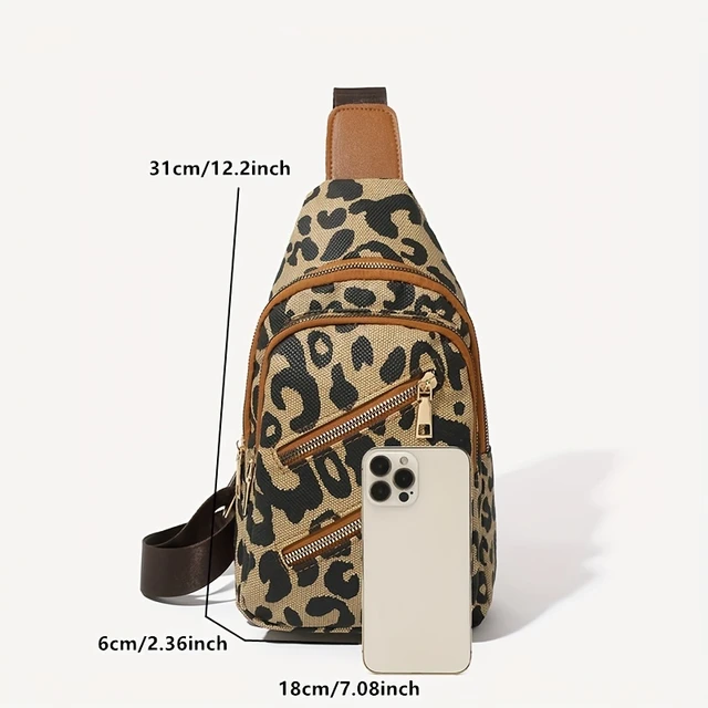 Leopard Pattern Sling Chest Bag, Multi Zipper Crossbody Bag