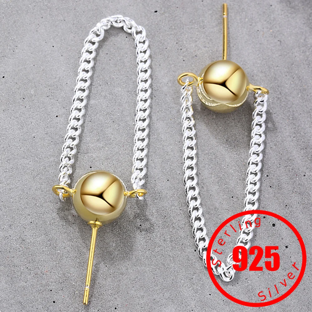 

New personality round bead chain tassel ear studs gold Stamp 925 Sterling Silver collision matching light face fashion ear