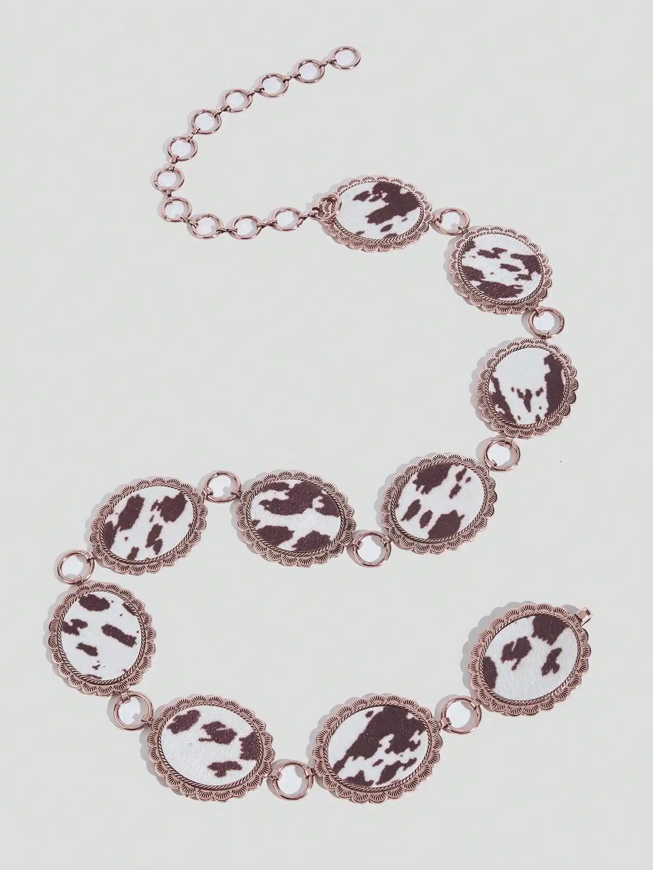Trendy Oval Flower Wave Cow Pattern Zinc Alloy round Vintage High-End Feel Summer Ladies Waist Chain Youth Girls Party Event