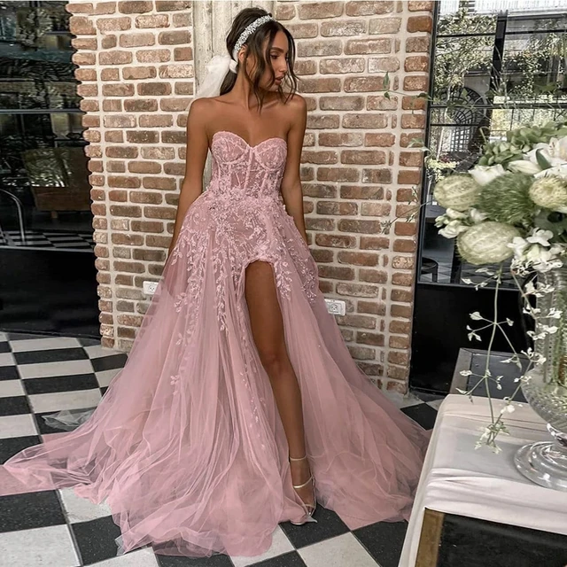 Elegant A-Line Side Slit Sleeveless Wedding Dresses Tulle Appliques Floor Length Strapless Zipper Ball Bridal Gowns 2022 New Pink