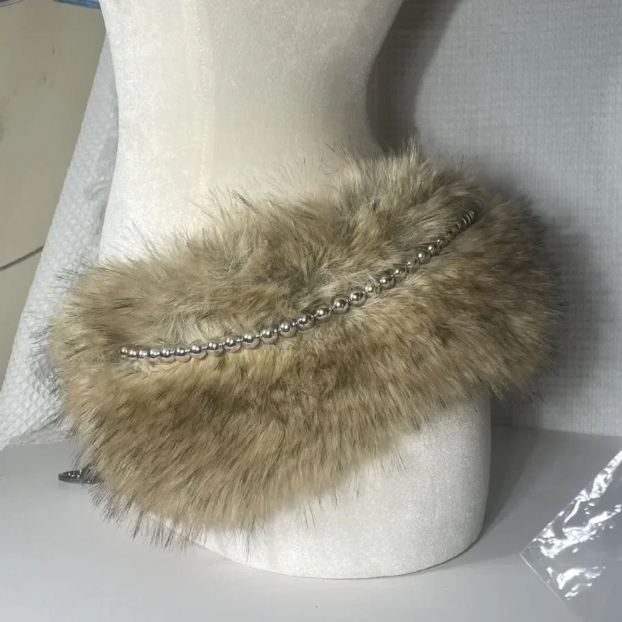 Vintage Y2K Faux Fur Punk Waistband with Metal Bead Chain