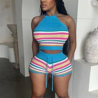 Women Suits Hhanging Neck Lace-up Sleeveless Backless Tops Female Casual Knitted Rainbow Stripes Two Piece Sets Slim Fit Shorts - Image 2