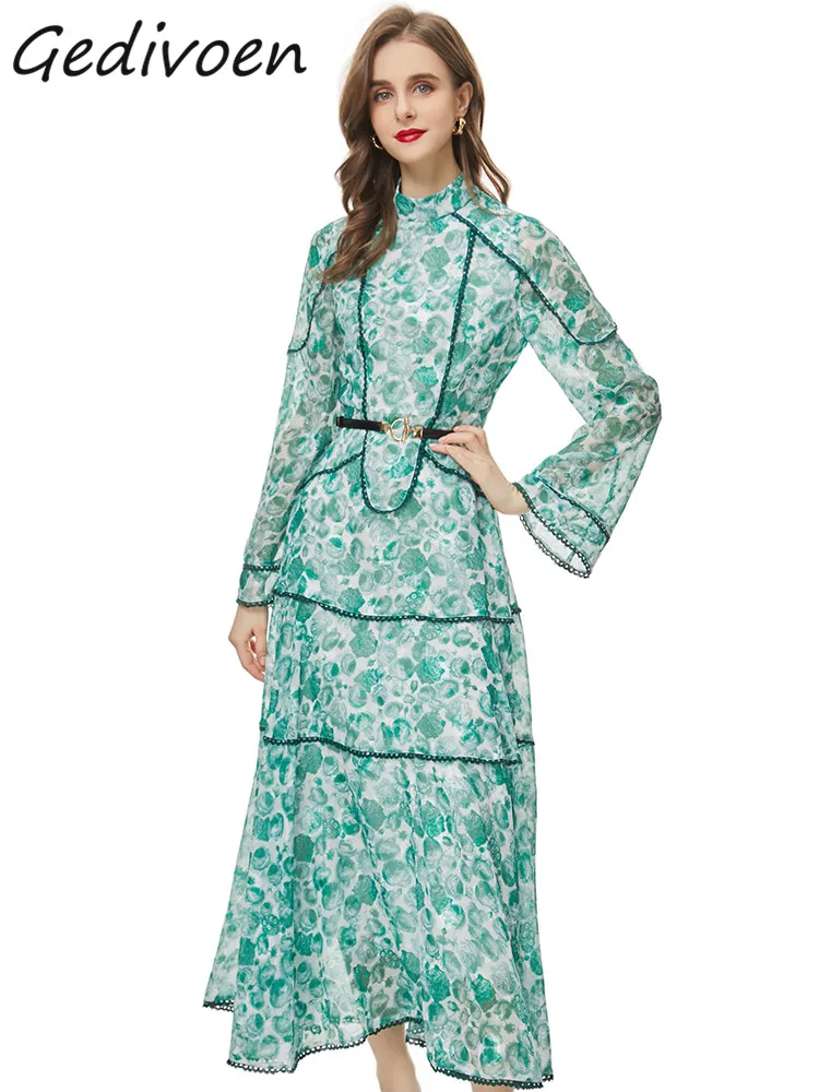 

Осеннее модное дизайнерское винтажное платье Gedivoen с цветочным принтом, женское кружевное платье-трапеция с воротником-стойкой и присборенной талией