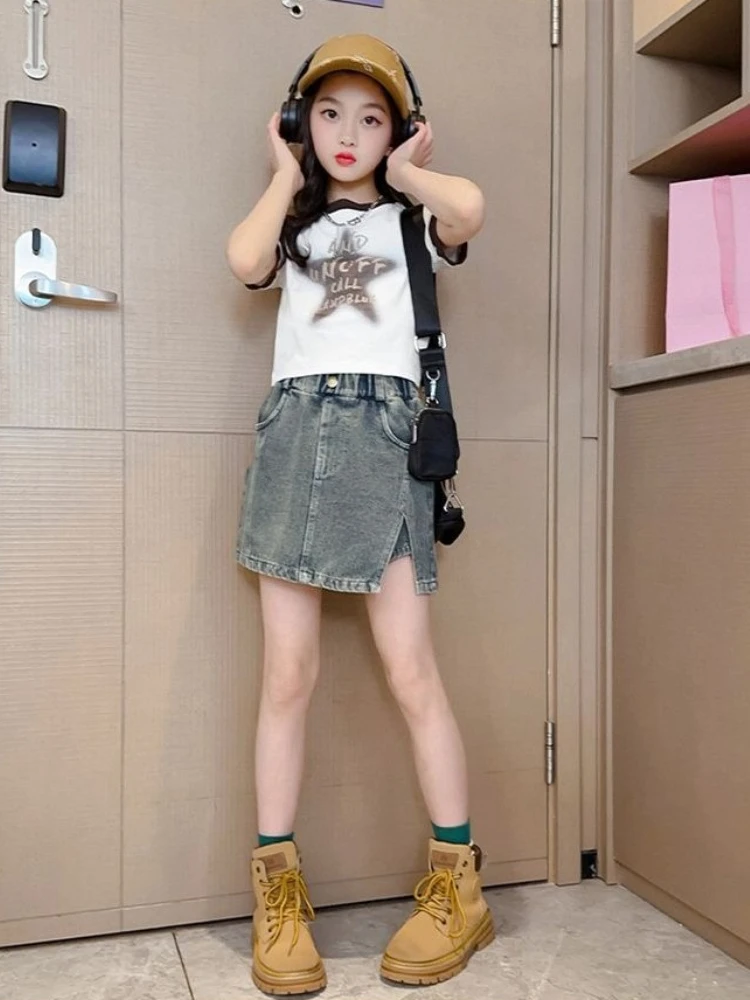 여아 데님 스커트 반바지 큰 아이 여름 핫팬츠 한국 스타일 세련된 얇은 통기성 청반바지 5-12세 여아용