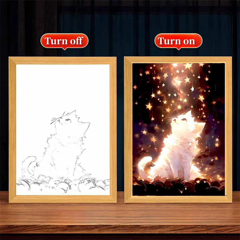 Cute Cat Kawaii LED Night Light - Adorable Moon Lamp and Picture Frame