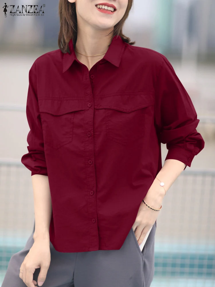 

Корейские женские топы ZANZEA с карманами 2024, Весенняя офисная рубашка, модная блузка с отворотом и длинным рукавом, повседневные свободные однотонные Блузы