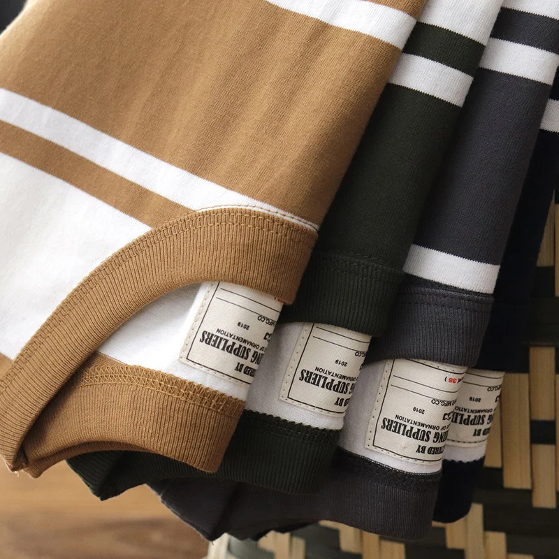 

230g Summer New Japanese Retro Short Sleeve O-neck Striped T-shirt Men's Fashion 100% Cotton Washed Old Loose Couple Casual Tops