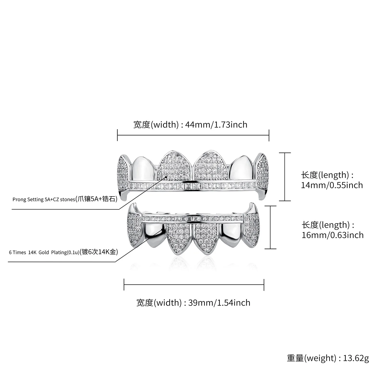 RACHELZ Hip Hop 6/6 Glossy Iced Out CZ Stone Teeth Grillz Fangs Micro-Paved Zircon Tooth Caps For Women Men Jewelry Gift