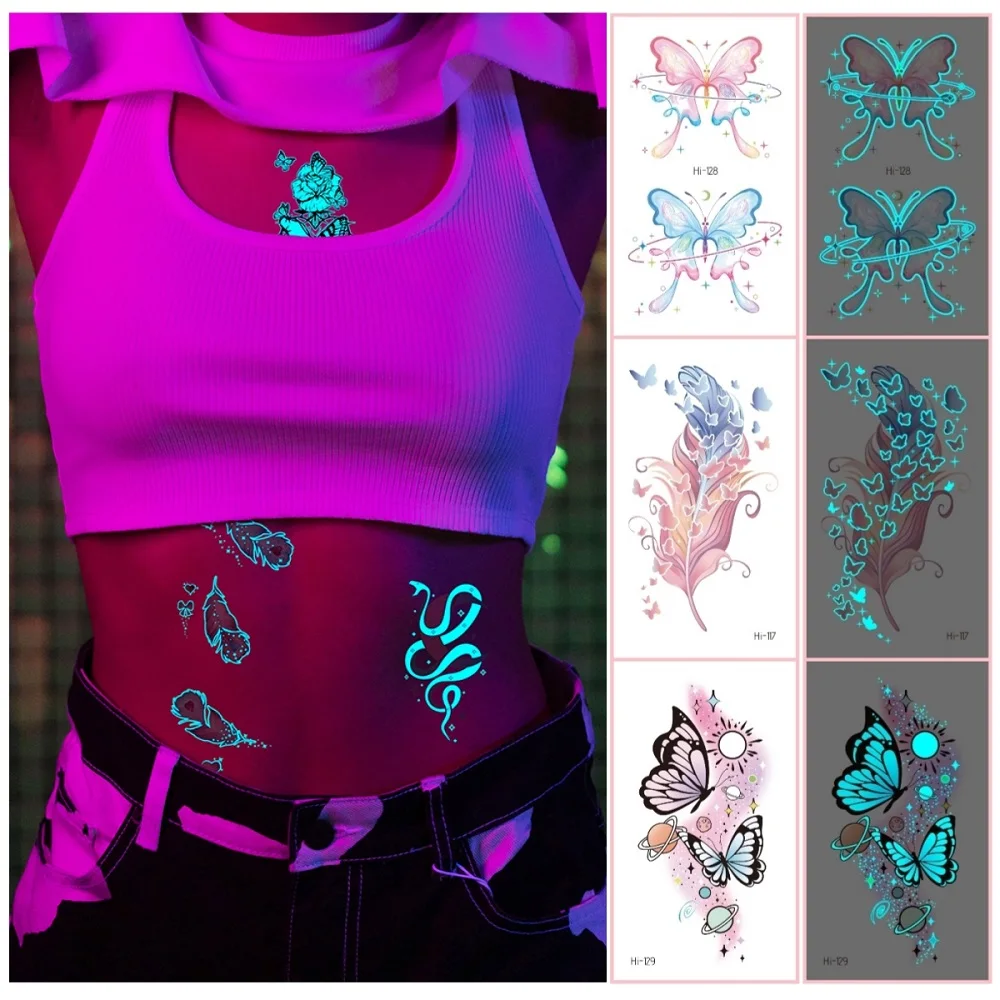  Glow Butterfly Blue Luminous Tattoo Sticker Camping Waterproof Temporary Tatoo Feathers Disposable Fake Tatto Gradient Body Art 
