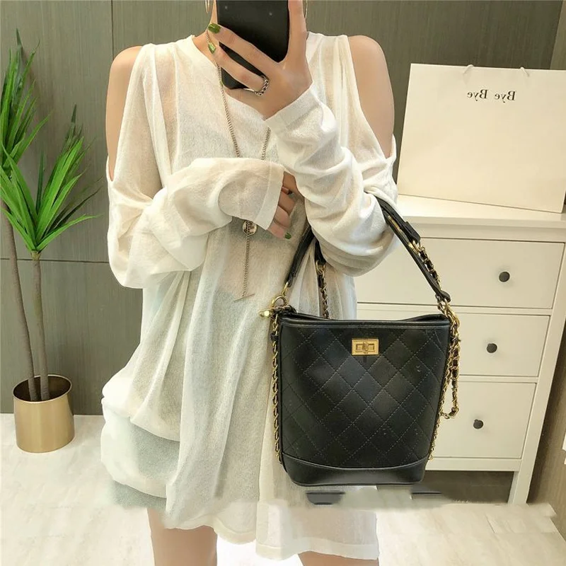 Summer New Thin Off Shoulder Ice Silk Knitted T Shirt Top Long Sleeve Round Neck Solid Pullovers Casual Fashion Women Clothing