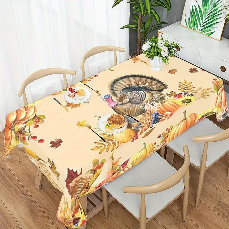 Thanksgiving Turkey Rectangle Tablecloths Autumn Pumpkin Flowers Maple Leaf Table Cover Kitchen Holiday Party Dining Table Decor 4