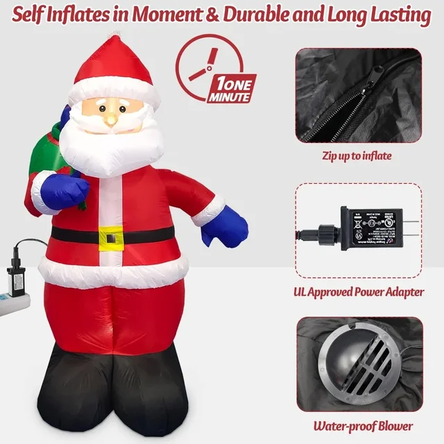 Christmas Inflatables, Santa Outdoor Claus with Gift Bag Built-in LED Lights Blow Up Yard Decoration, Inflatables Christmas 5