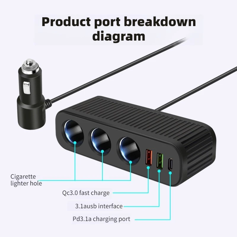 120W 자동차 시가 라이터 USB 충전기 PD 빠른 충전 전원 어댑터 휴대 전화 충전기 용 1 대 4 다기능 소켓