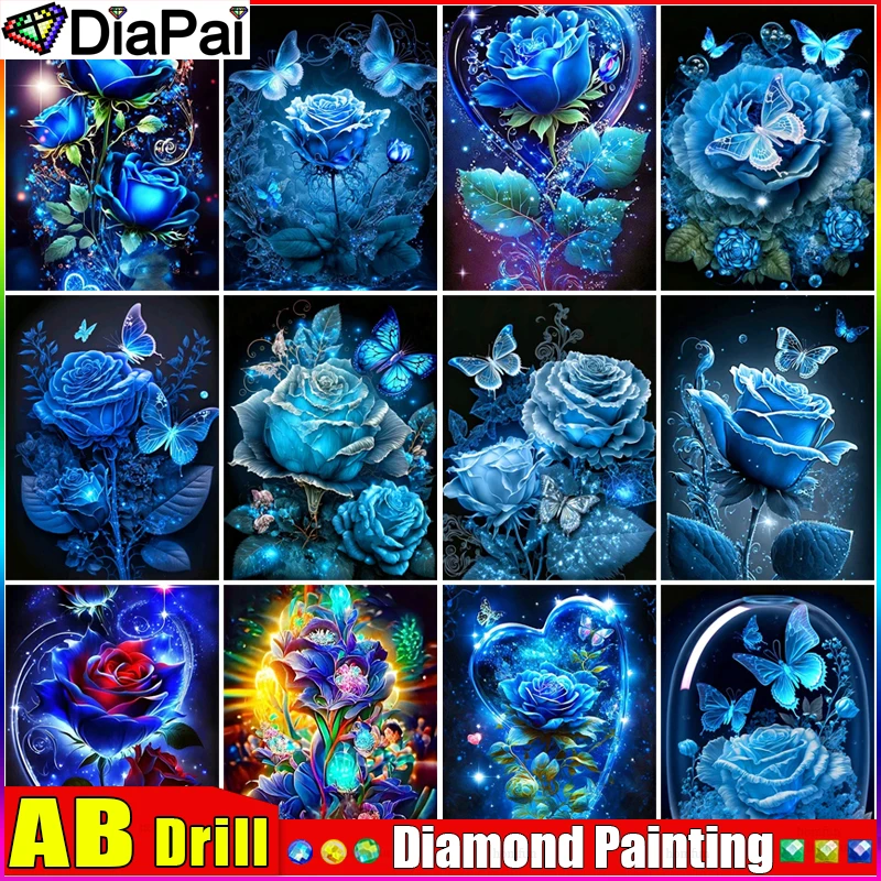 

DIAPAI AB 5D Diamond Embroidery Needlework Kit "Blue Rose Butterfly" Diy Diamond Painting Cross Stitch Home Decoration Gift