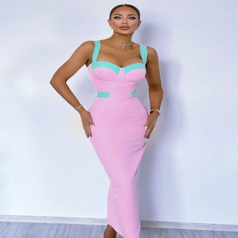 

2023 new bandage long dress cross-border hot pink color matching elegant party dress skirt
