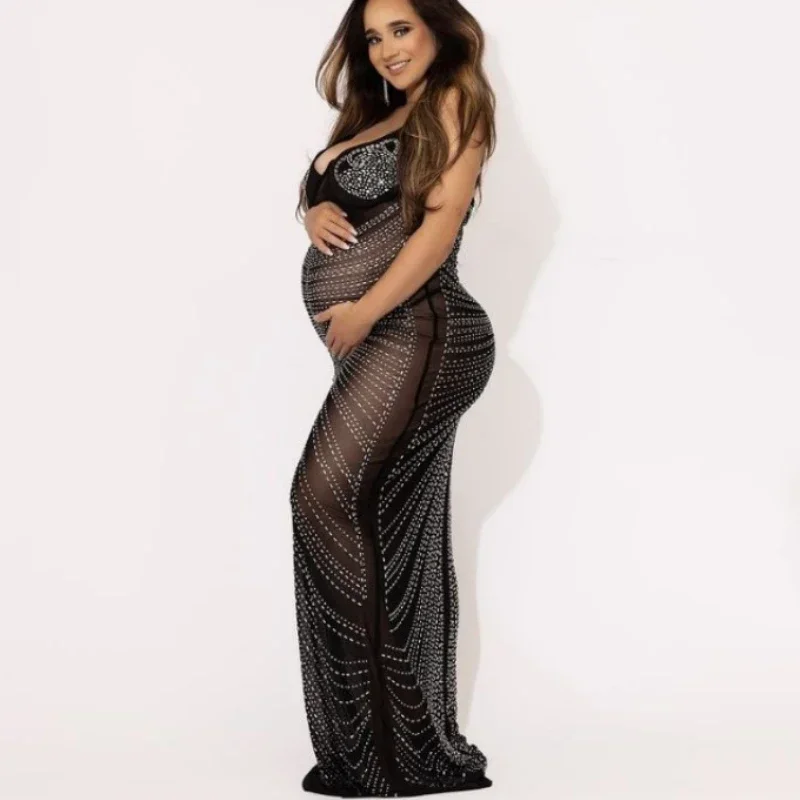 

Sexy Crystal Maternity Photography Dress Stretchy Skinny Pregnant Woman Photoshoot Outfit