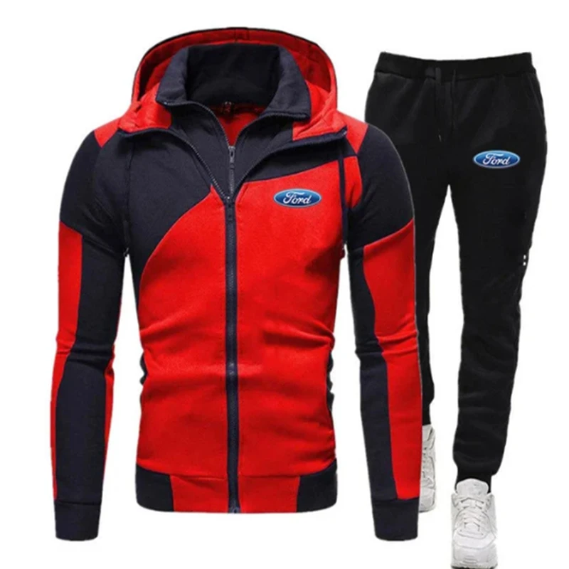 Men Fashion leisure Spring Autumn Matching Ford Logo Hoodie Tracksuit Hooded + Pants pair double Zipper Two-piece Suits 2