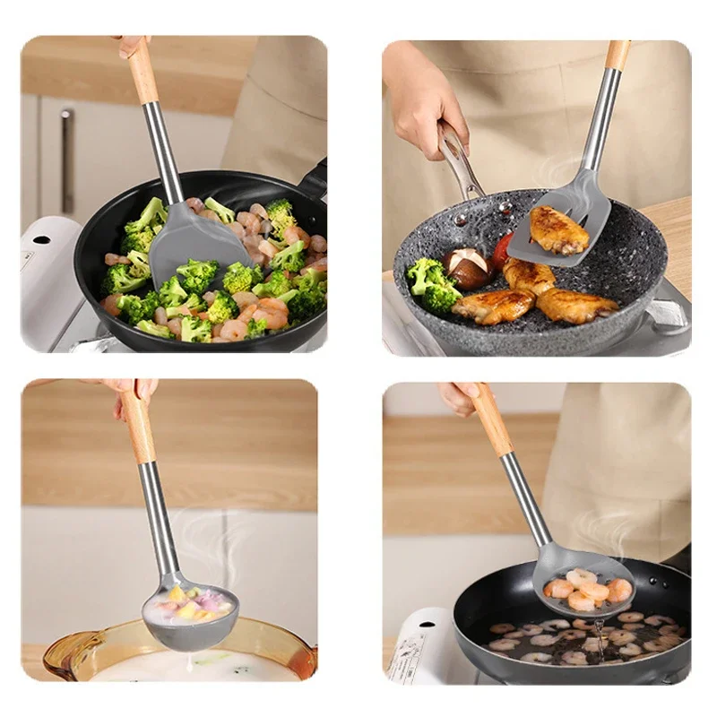 4pcs Silicone Cookware Set Kitchen Cooking Tools Non-stick Shovel Omelette Spatula Large Soup Spoon Strainer Kitchen Accessories