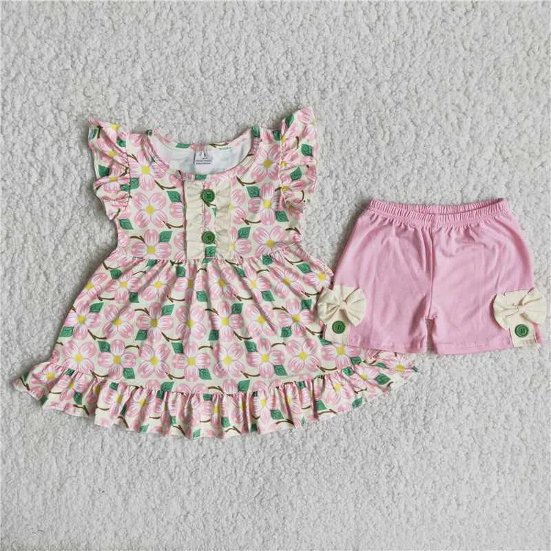 

Toddler Hot sale RTS New Summer Cute Pink Ruffles Flower Print Baby Girls Children Wholesale Boutique Outfits Clothing Sets