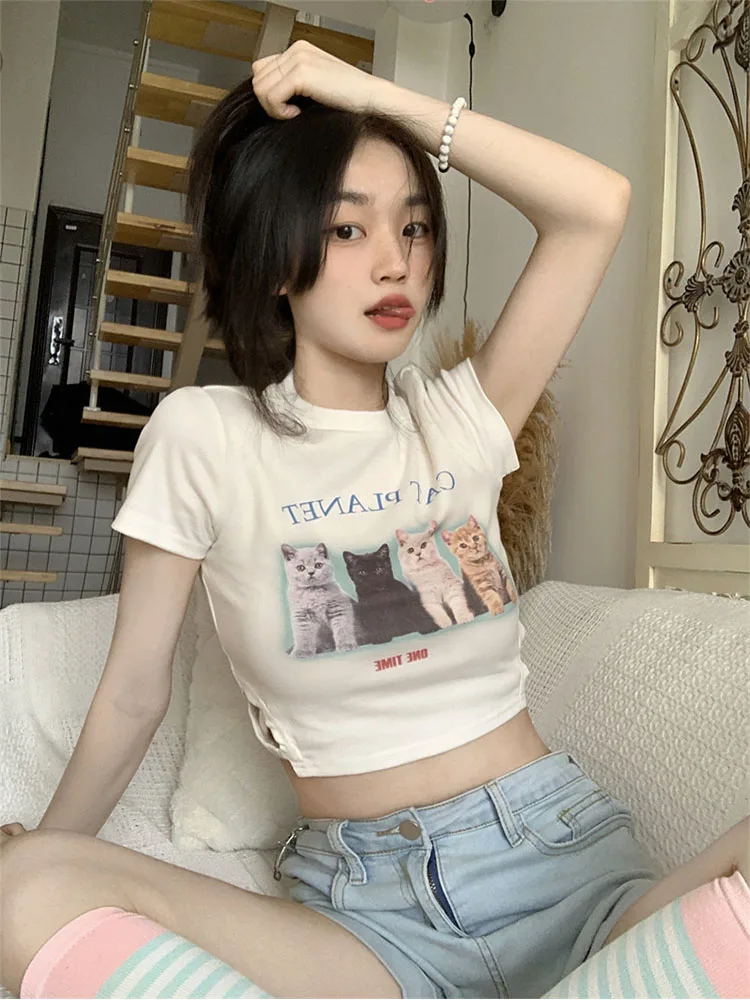 Cute Cat Print Short Sleeve T-Shirt For Women – Spring Summer Casual Loose Fit Tee (White, XX-Large)