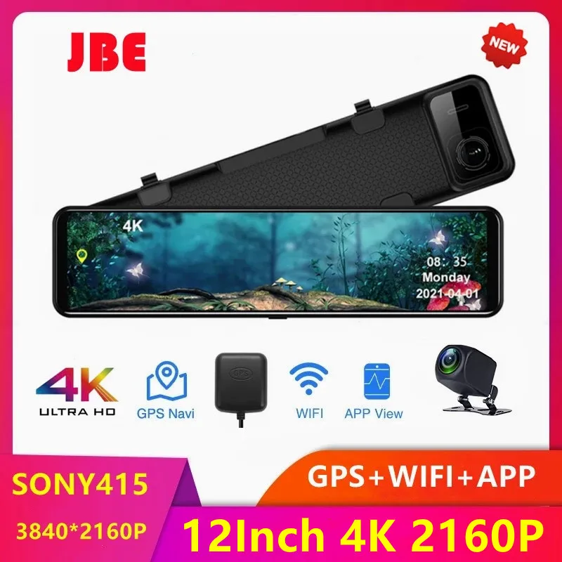 12Inch 2160P WIFI Sony IMX415 Car DVR Video Recorder 4K Dash Cam Rearview Mirror GPS Track Auto Registrar Night Vision 24H Park
